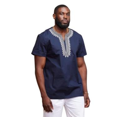 Imagem de D'IYANU | Camisa túnica masculina bordada africana Lubanzi | Ancara premium confortável e sofisticada, Azul-marinho/bronze, M