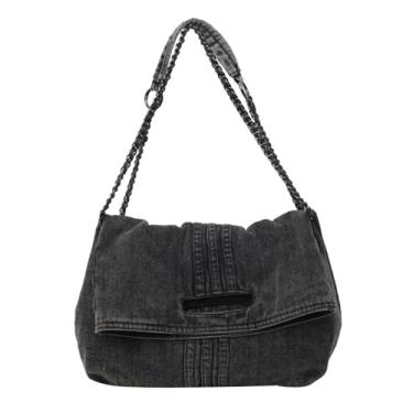 Imagem de XACKWUERO Bolsa feminina de ombro jeans retrô bolsa transversal grande capacidade bolsa alça corrente bolsa axila, Preto