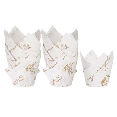 Imagem de HARFINGTON 100 peças de forros de cupcake de tulipa copos de papel padrão para assar embalagens à prova de gordura descartáveis para festa de banquetes de aniversário, branco com padrão dourado