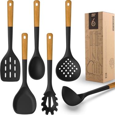 Imagem de Utensílios de cozinha grandes de silicone – Conjunto de utensílios de cozinha resistentes ao calor com alças de madeira, espátula, espátula, virador, colher com fenda, servidor de macarrão, utensílios de cozinha conjuntos de ferramentas para panelas antiaderentes (cinza)
