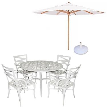 Imagem de Conjunto De Mesa Com 4 Cadeiras Aluminio Fundido + Guarda Sol Branco