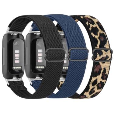 Imagem de Pacote com 3 pulseiras elásticas para Fitbit Inspire 3/Inspire 2/Inspire HR/Inspire, pulseira de substituição de nylon elástico macio ajustável para mulheres e homens (preto/azul marinho/leopardo)