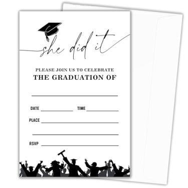 Imagem de heiyihe 20 Convites de formatura She Did It Convite para festa de graduação celebração de graduação para meninas 10 x 15 centímetros convite de formatura com envelopes suprimentos de lembrancinha de