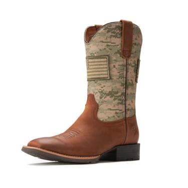 Imagem de SUREWAY Botas masculinas caubói de bico quadrado com bandeira, resistente a óleo/deslizamento, durável, moderna, clássica, sem cadarço, botas de 25 cm, Estampa camuflada marrom, 41