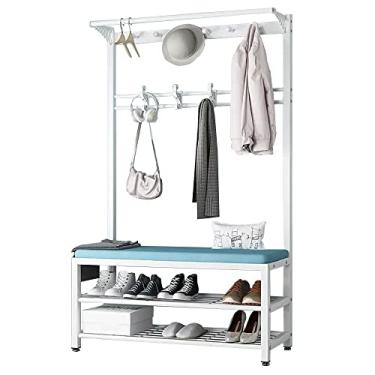 Imagem de Árvore de entrada 4 em 1 com banco de armazenamento, cabideiro com banco de sapatos, suporte de casaco com sapateira de 2 camadas e 10 ganchos para corredor de entrada, fácil de montar