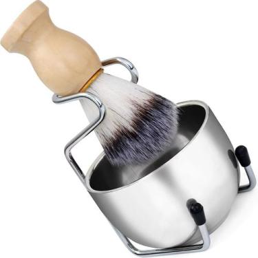 Imagem de Kit Pincel Barbear C/ Suporte Tigela Bowl Cumbuca Copo Inox - NilosDec