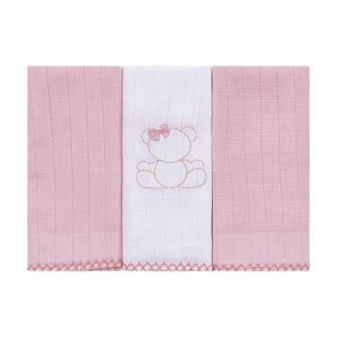 Imagem de Pano de Boca 3 Unidades Bordado Baby Joy Clássicos, Ursa Rosa