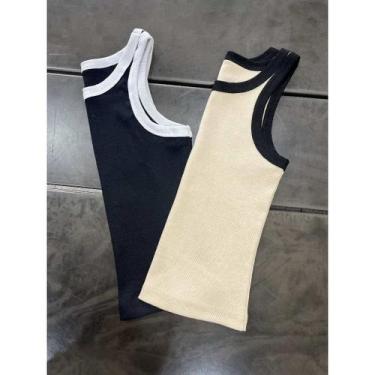 Imagem de kit 2 blusa Regata feminina Bicolor básica Ribana Canelada Algodão ame