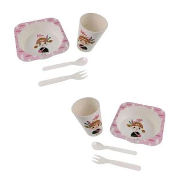 Imagem de 2 Kit papinha Prato Copo e talheres infantil bebê - Rosa - clink