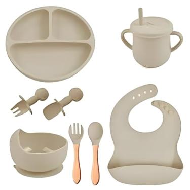 Imagem de Kit Refeição Silicone Bebê Prato Babador Copo Talher Ventosa (Bege)