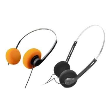 Imagem de WLngtv 2 peças de fones de ouvido intra-auriculares retrô, fones de ouvido estéreo com fio, fone de ouvido leve e portátil com faixa de cabeça ajustável, leitor de cassete, sobre-auricular (laranja e