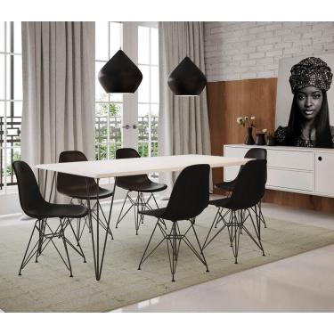 Imagem de Mesa Sala De Jantar Industrial Branca 135X75 Com 6 Cadeiras Pretas De Ferro Preto