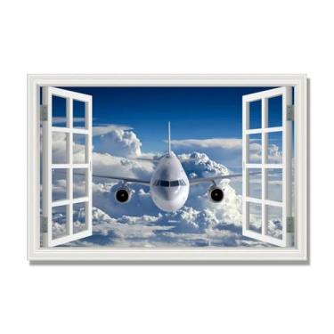 Imagem de Arte de parede em tela de janela aberta, impressão natural em tela, "Avião no céu 35.6 cm, decoração de parede de paisagem de janela, decoração de casa moderna. 80 x 120 cm - 31 x 47 pol sem moldura
