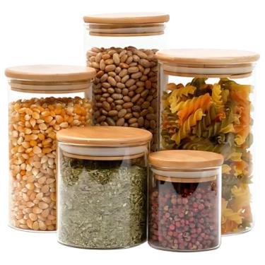 Imagem de Potes de Vidro Herméticos com Tampa de Bambu, Conjunto de 5 Peças, 500ml a 1500ml, para Cozinha e Organização