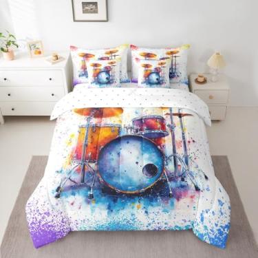 Imagem de Manfei Conjunto de edredom infantil, 7 peças, tamanho queen, instrumento musical, para decoração de quarto de meninos e meninas, com tema de rock, edredom com edredom, lençol de cima e fronhas