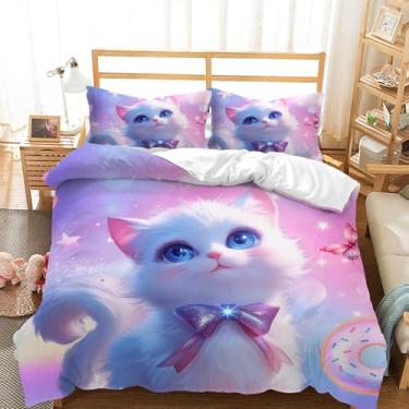 Imagem de AILONEN Conjunto de capa de edredom infantil tamanho casal, kawaii, gatinho, confortável para meninas, conjunto de cama colorido de gato arco-íris 3 peças, 1 capa de colcha com 2 fronhas