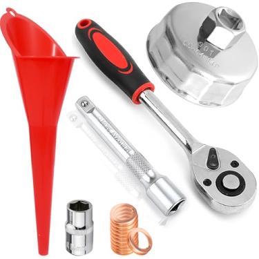 Imagem de RUNEWAX Kit de ferramentas de chave de filtro de óleo de 64,5 mm para Nissan Altima Rogue Sentra Frontier Maxima Murano Versa Quest 370Z Juke Cube Kicks NV, Chave + Soquete + Junta + Funil