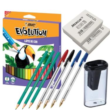 Imagem de Kit Escolar Basico 24 Lápis de Cor + 3 Lápis de Escrever + 4 Canetas + Apontador C/Deposito + 2 Borrachas