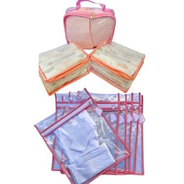 Imagem de Kit 6 Saquinhos Bebe Organizador Mala Maternidade TAG + 3 Nécessaires Porta Fraldas Remédio Higiene. (Rosa)