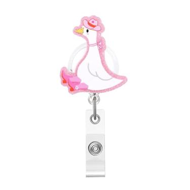 Imagem de Carretel de crachá de pato estúpido engraçado, fofo pato rosa com chapéu, crachá de acrílico para crachá de identificação, suporte retrátil telescópico, acessórios de clipe de jacaré para enfermeiras