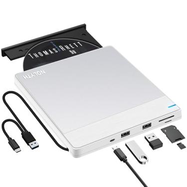 Imagem de NOLYTH Unidade externa de CD DVD: Gravador USB para laptop, Mac, PC, MacBook Windows 11 - Portátil Slim com portas USB SD/TF/2 - Plug & Play Leitura de alta velocidade e gravação (prata-branco)