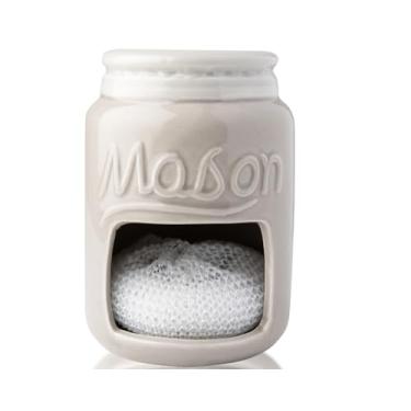 Imagem de Comfify Suporte de esponja de cozinha de cerâmica - Organizador de pia estilo fazenda - Acessório decorativo de cozinha em pote de pedreiro - Decoração rústica de pia rústica - Inclui esponja grátis -