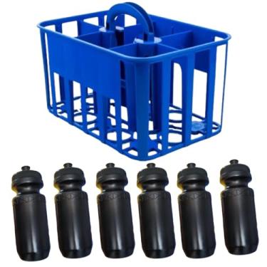 Imagem de Cesta Squeeze com 6 Garrafas Personalizada | Cesta para Times de Futebol, Treinos e Campeonatos | Brinde Esportivo (Cesta Azul+Garrafa Preta)