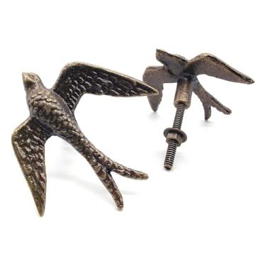 Imagem de NORSE'S TRADECRAFT Conjunto de 2 puxadores de gaveta de pássaros para cômoda e armários – Puxadores de ferro em forma de andorinha voadora com acabamento em bronze rústico para móveis inspirados na