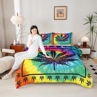 Imagem de Conjunto de edredom infantil com folhas de cannabis, tamanho king, plantas e arbustos de maconha, decoração de quarto de meninas e adultos, edredom boêmio botânico tie-dye, enchimento de edredom