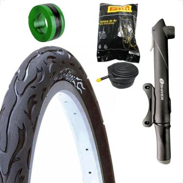Imagem de Pneu Bicicleta Kenda Flame Balão Aro 26 x 2.125 Camara Pirelli Bomba de ar Portatil fita antifuro