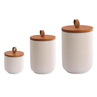 Imagem de Comeon Vasilha de cerâmica com tampa, recipiente Matcha para saquinho de chá de açúcar e especiarias, conjuntos de recipientes de café para balcão de cozinha com tampa de bambu (terno branco de três