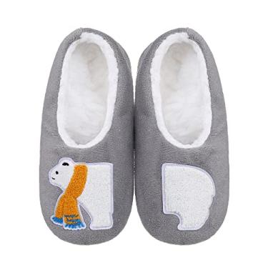 Imagem de ZYZX Pantufas femininas de animais com pegas, quentes, macias, engraçadas, fofas, antiderrapantes, com forro de lã, meias felpudas, presentes, Cinza 028bjxzy, 5-6