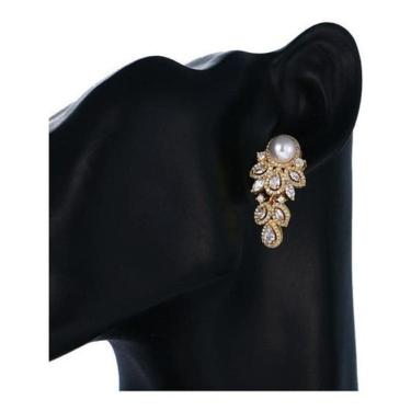 Imagem de Brinco Noiva Zirconia Perola Pendurado Dourado Festa Joia