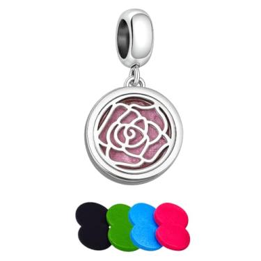 Imagem de BlingNuts Pingente difusor de óleo essencial feminino com contas de flor rosa compatível com pulseiras Pandora Charms para aromaterapia óleo perfumado
