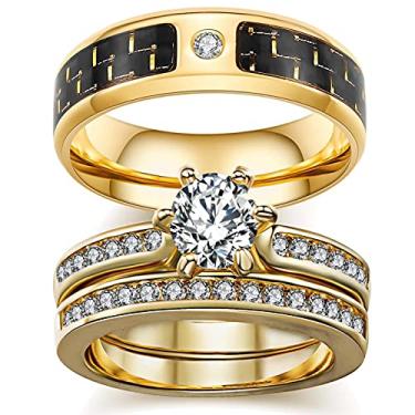 Imagem de ringheart 2 anéis para ele e ela anéis de casal preto CZ conjuntos de alianças de casamento femininas aço titânio masculino alianças de casamento, women size8 & men size11, Metal Cristal Metal Cristal