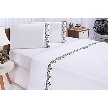 Imagem de Jogo de Lençol Bordado para Cama Casal Queen Percal 400 Fios Toque de Algodão 4 peças