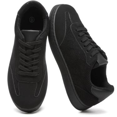 Imagem de Witwatia Tênis feminino casual de camurça e veludo cotelê com cadarço moderno tênis de caminhada antiderrapante com palmilha de espuma viscoelástica, Preto, 37