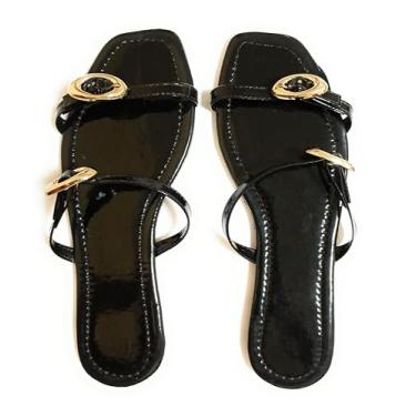 Imagem de Sandálias Rasterinha Femininas de Verniz, Preto, com Tiras Ajustáveis, Sola Plana, 35.