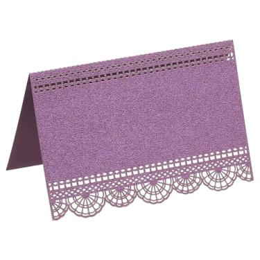Imagem de PATIKIL 50 peças de cartões de casamento, corte a laser, renda e flores, cartões de mesa, papel com glitter perolado para mesa, recepção de casamento, buffet, festa de negócios, roxo escuro