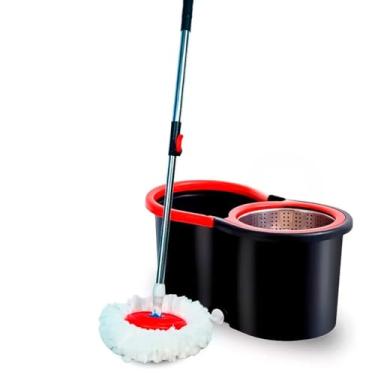Imagem de Mop Giratorio Cabo Inox limpeza Cesto Em Inox 9 Lt -Balde Esfregão 360 Universal Original Oliver Home(Preto/Vermelho)