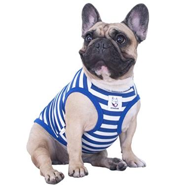 Imagem de iChoue Camiseta listrada 100% algodão respirável bulldog francês, colete de Halloween, roupas para cães médios, regatas, pug, inglês, Boston terrier, Pitbull, listras brancas e azuis - Grande