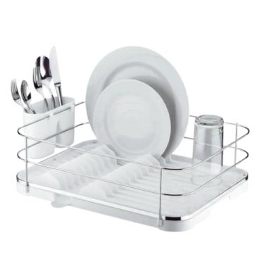 Imagem de Escorredor De Louças Talheres 12 Pratos Bandeja Escoamento Branco Aço Cromado