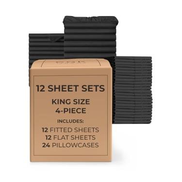 Imagem de Pacote com 12 conjuntos de lençóis - (12) conjuntos completos de lençóis King Size com bolsos profundos - Roupa de cama a granel para hotéis, spas e Airbnbs - respirável, refrescante, macio e sem