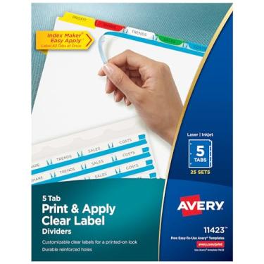 Imagem de Divisórias de etiquetas transparentes Avery Index, tira de etiqueta fácil de aplicar, 5 abas, 5-guia, Multi-color, 25-set