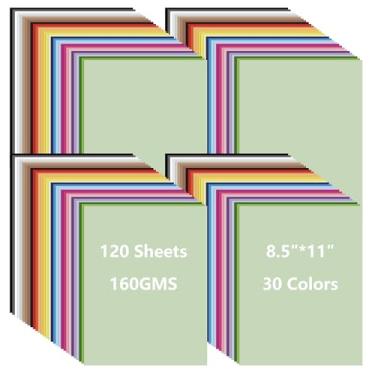 Imagem de 120 folhas de papelão colorido de 21,6 x 28 cm, 30 cores sortidas, papel para impressão, confecção de cartões, artesanato DIY, material escolar infantil, decorações de festa (160 g/m²)