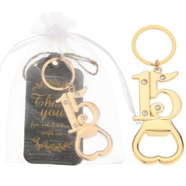 Imagem de 24 peças 15º chaveiro de ouro abridor de garrafas, lembrancinhas de festa de aniversário para convidados, 15º abridor de garrafas de cerveja a granel para lembranças de aniversário de 15 anos
