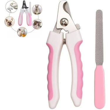Imagem de Cortador de Unhas Premium para Pets Cachorro Gato com Lixa Kit 2 Peças Rosa e Branco em Aço Inoxidável Alicate de Higiene Ferramenta de Cuidados Porte Pequeno Médio Grande