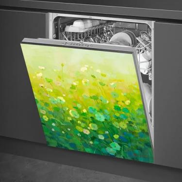Imagem de HOMETITUTE Capa magnética para lava-louças 58 x 66 cm verde prado flores silvestres estilo pintura a óleo capa magnética para máquina de lavar louça para decoração de utensílios de cozinha painel