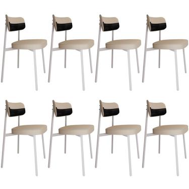 Imagem de Kit 08 Cadeiras Estofada Para Sala de Jantar Astrid Branco C01 Linho Areia Courino Preto - Lyam Decor