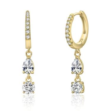 Imagem de Brincos femininos banhados a ouro com pingente de duas pedras - Brincos de argola elegantes de zircônia cúbica com pera e pedras de corte redondo - Presente de joia leve, hipoalergênico e elegante